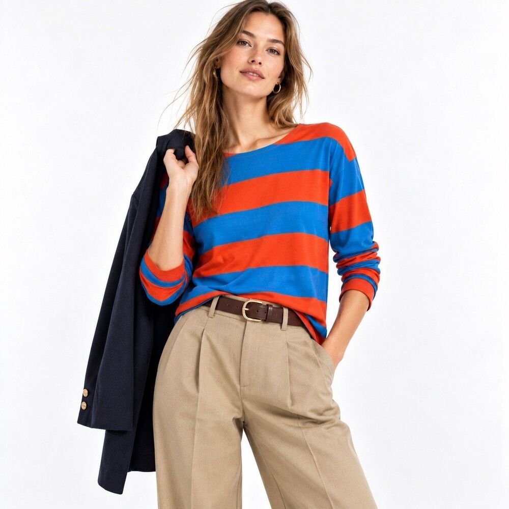J. Crew 100% Cotton Top Lightweight Sweater Orange Blue Stripes Fall Tee Size M